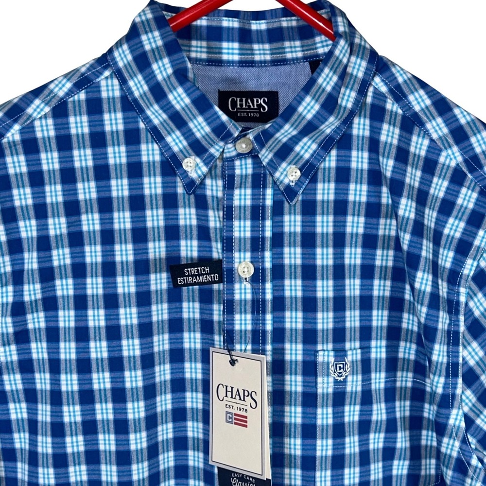 Chaps Mens Stretch Easy Care‎ Woven Shirt Blue White Plaid Size Medium New